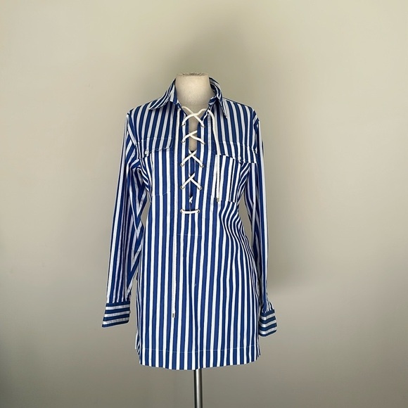 Lauren Ralph Lauren Lace Up NAUTICAL Rope Strip Blue Blouse sz Small P - Picture 3 of 7